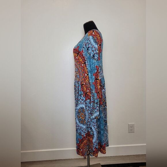 Boho Midi Dress Jersey Knit Colorful Geo Indie Casual Hippie Gypsy Pockets XL - Picture 4 of 11